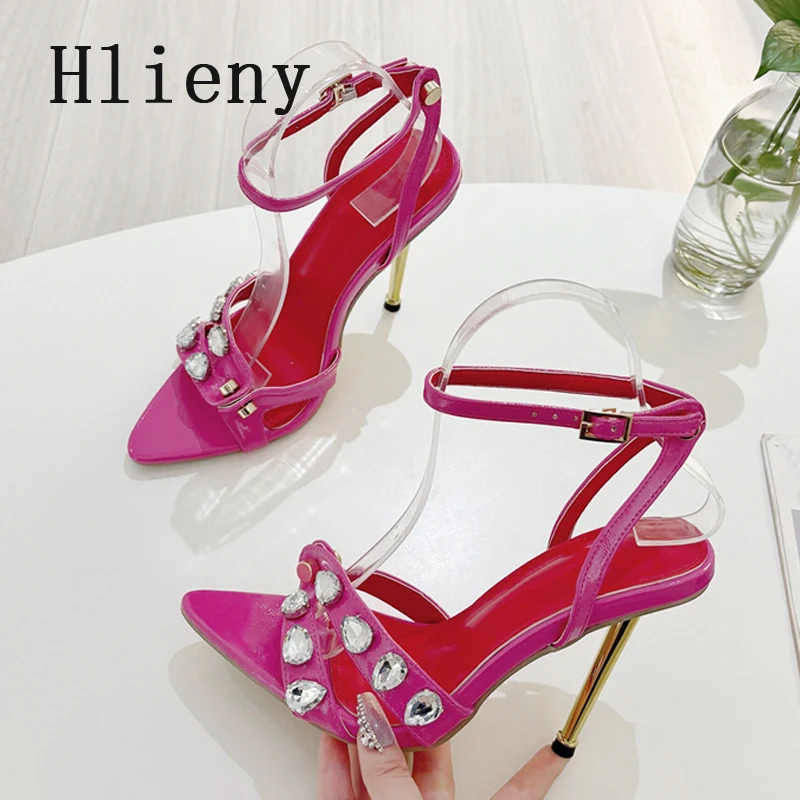 Hlieny/2020 летние новые женские сандалии с острым носком и заклепками кристаллами