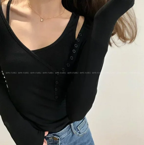 Футболка TSXT с длинным рукавом и квадратным воротником дизайнерская Облегающая