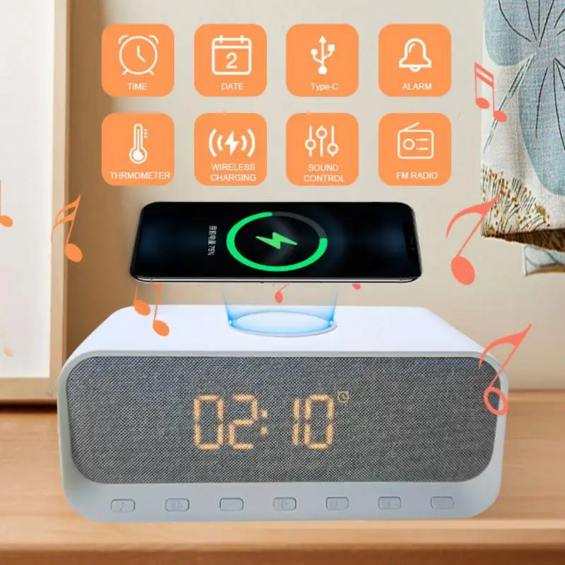 

Stereo Subwoofer Digital Column Super Bass Mirror Alarm Clock With Fm Radio Speaker Wireless Charger For Bedroom Alarm Clock W28