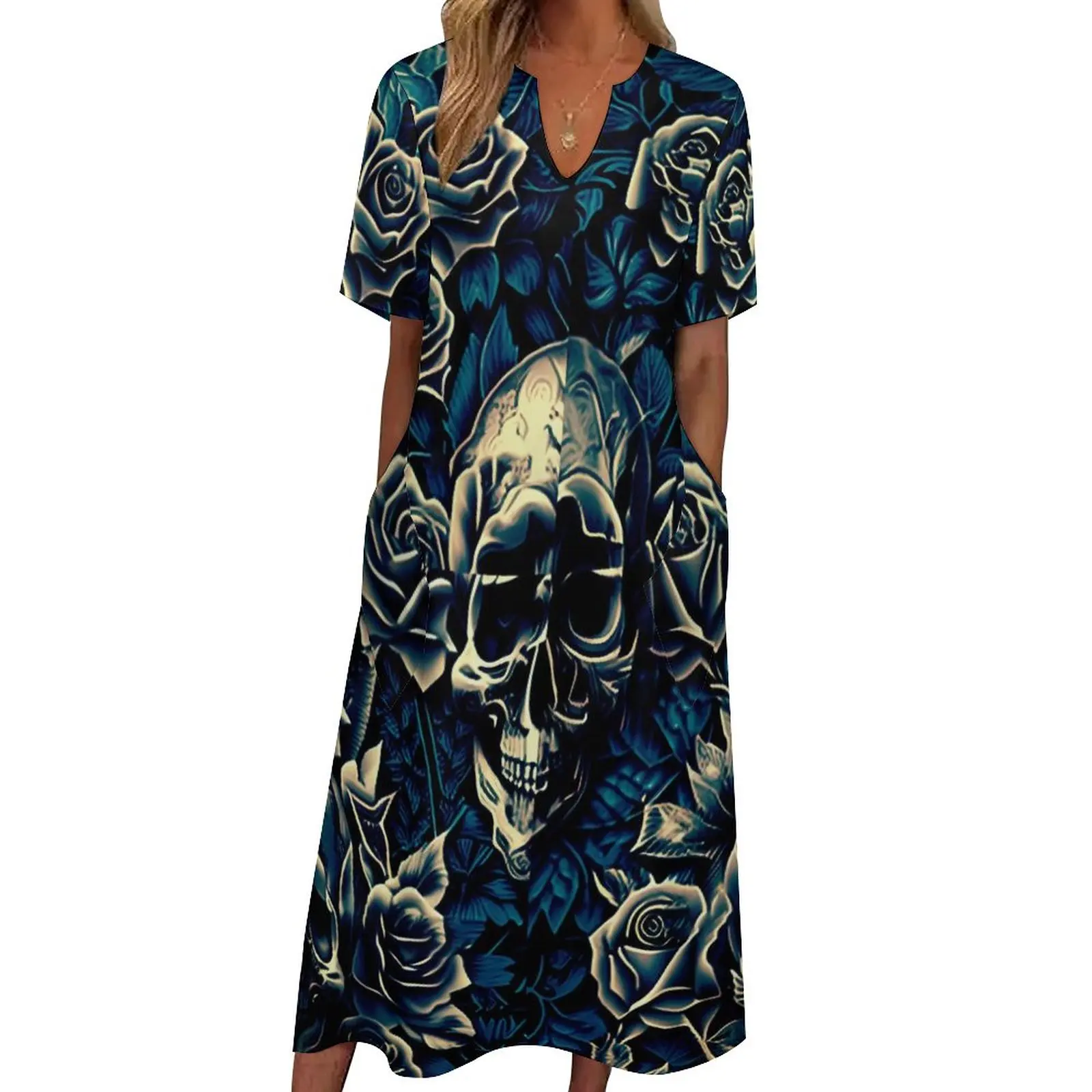 

Женское винтажное платье макси с принтом черепа, повседневное длинное платье большого размера с V-образным вырезом