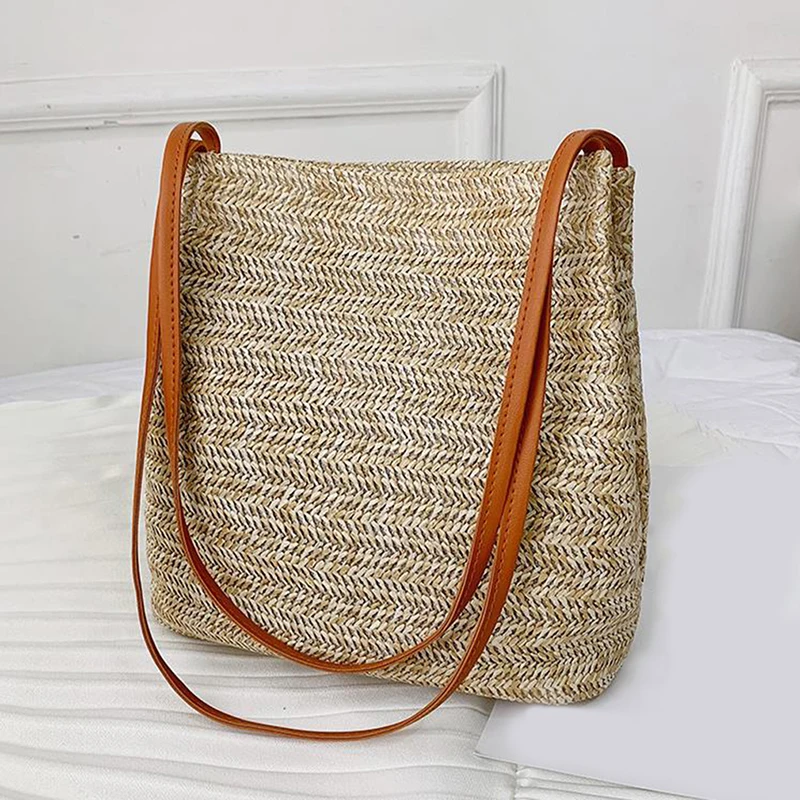 

Соломенная пляжная сумка-мешок, винтажная плетеная сумка на плечо, богемная Летняя женская сумка-тоут, дизайнерская брендовая большая мода 2022
