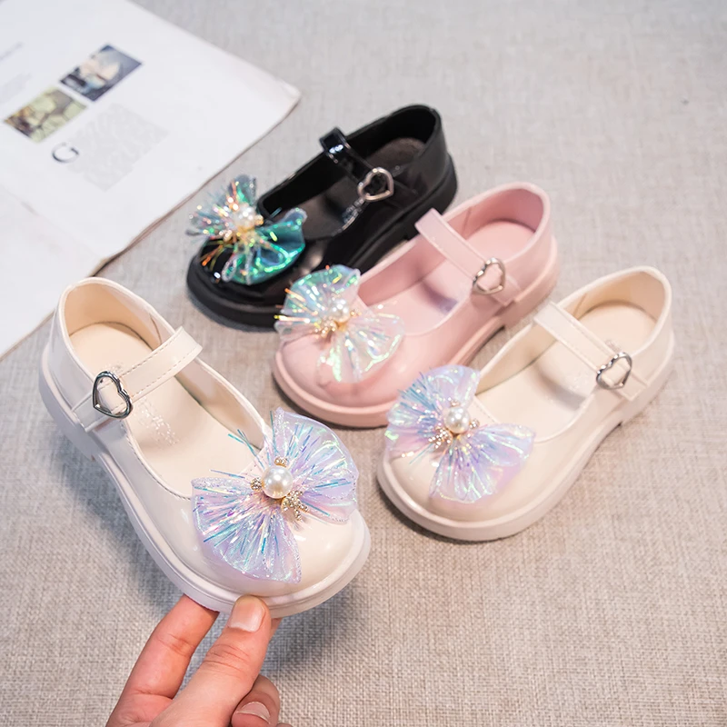 

Cute Colorful Bow Pearl Pink Fashionable Leather Shoes Round Toe Korean Style for Girls Beautiful Soft Comfortable Leather Shoes