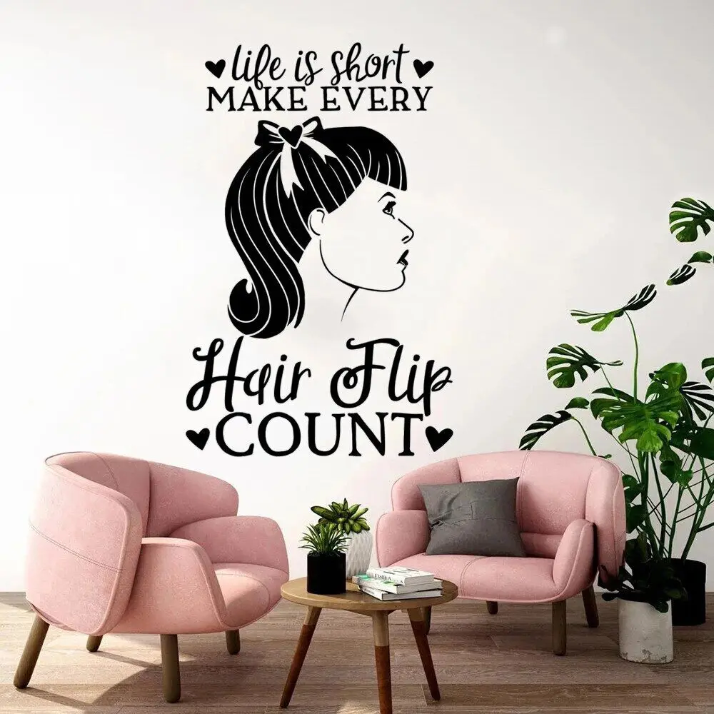 

Life Is Short Make Every Hair Flip Count Quotes Wall Decals Women Barber Shop Decor Stickers Vinyl Livingroom Murals HJ1520