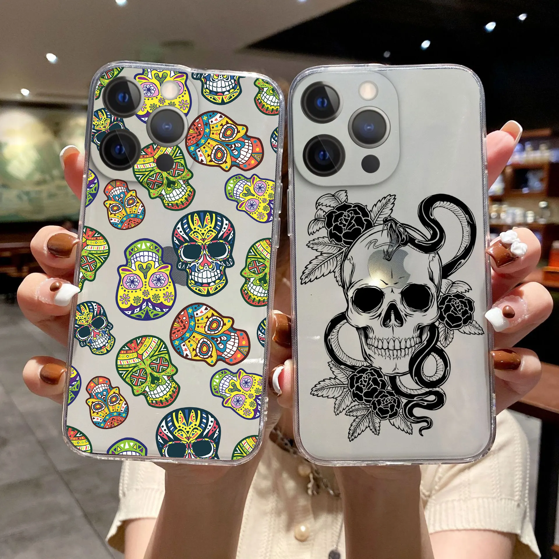 

Cool horror skull flower Phone Case For iPhone 11 12 13 Pro Max X XR XSMAX X 6s 8 7 Plus 12 13 Mini Clear Soft Bumper Back Cover