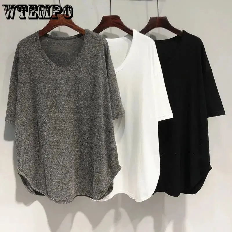 WTEMPO Women Spring Summer New Curved Hem Korean Loose Mid-length V-Neck T-Shirts Short Batwing Sleeve Casual Solid Thin Tops