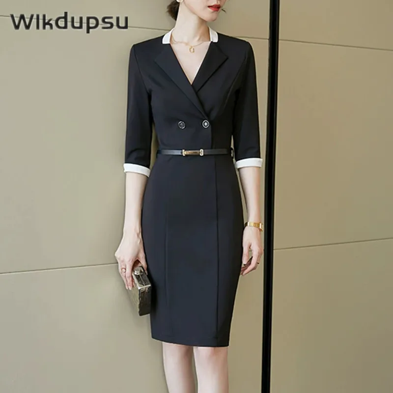 Elegant Office Dress For Women Spring Summer Slim V Neck Three Quarter Sleeve High Waist Classy Casual Work Bodycon Midi Dresses