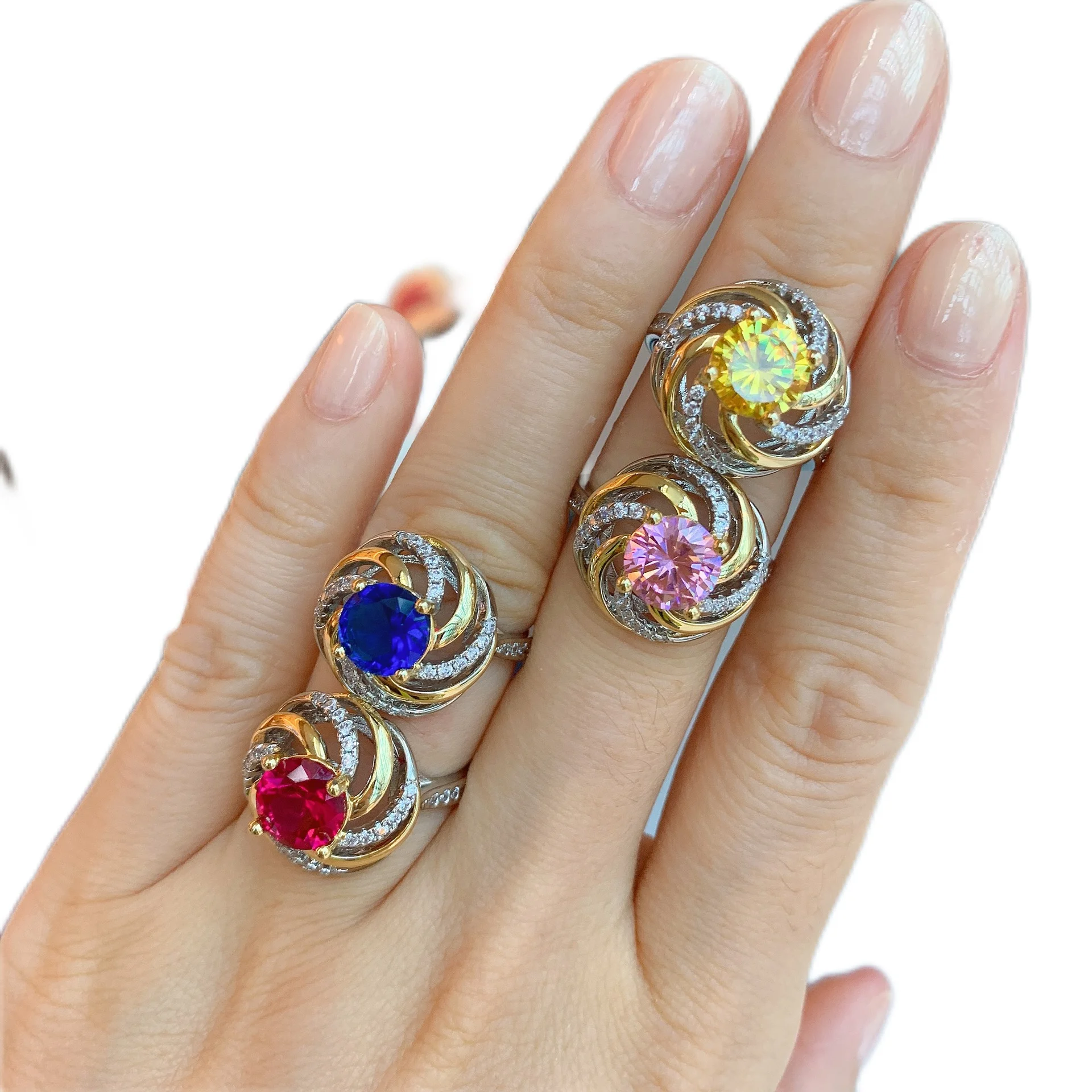 Роскошные круглые кольца с рубиновым топазом и розовым кварцем сапфиром 8 мм для