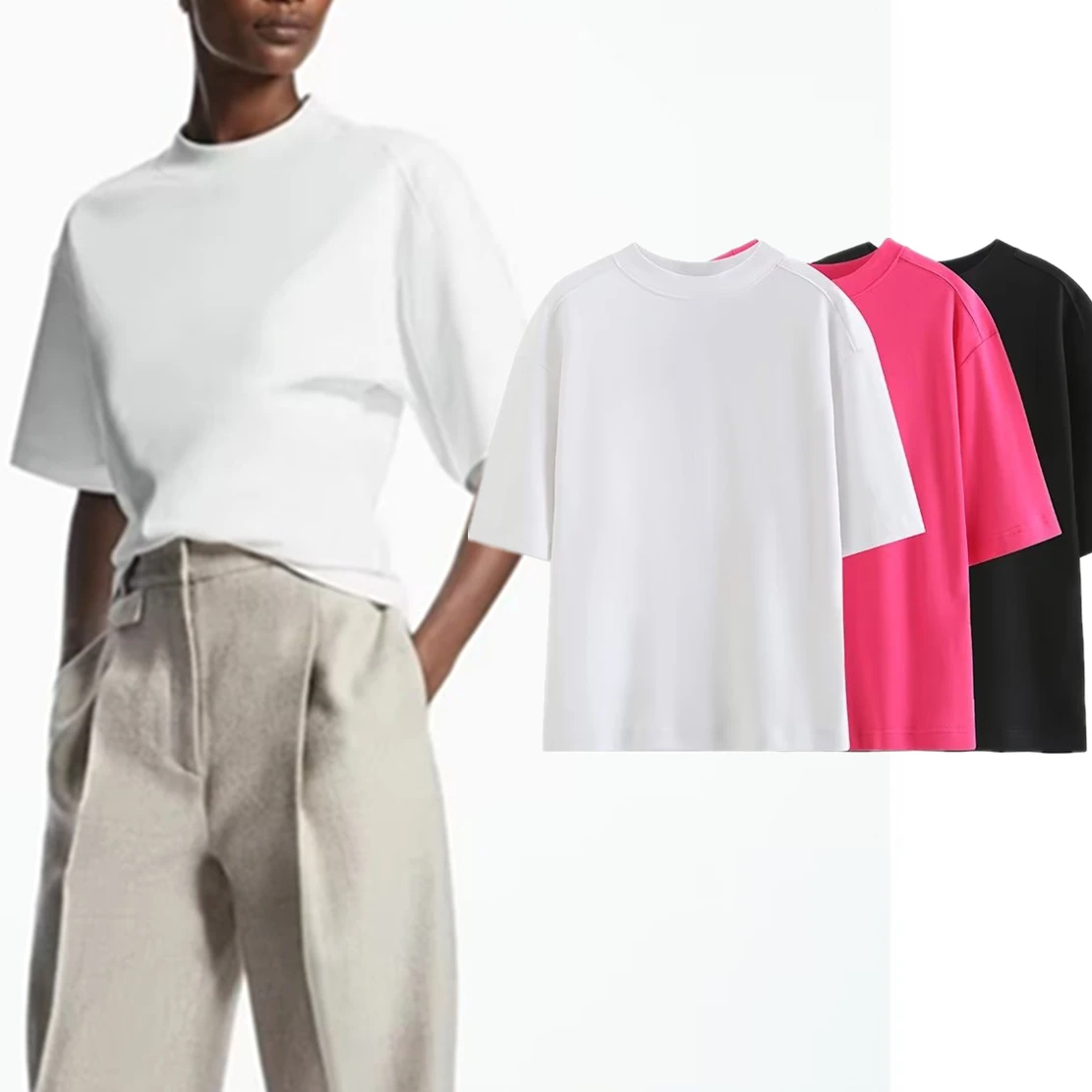 

Elmsk England Style Fashion Solid Round Neck Short Sleeve Casual Cotton Tops Summer Tshirts Women