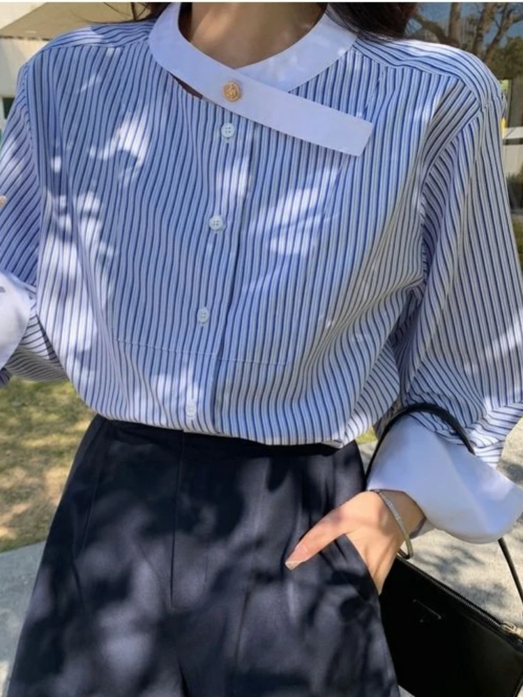 

ADAgirl Vintage Blue Stripe Blouse Women Elegant Design Cleanfit Loose Shirts Korean Fashion Aesthetic Causal Tops Office Lady