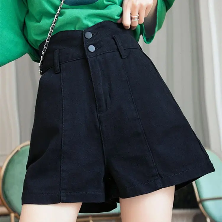 

Summer Women High Waist Button Wigh Leg Jeans Shorts Casual Female Loose Fit Black Denim Shorts Short Pants Women Clothing A08