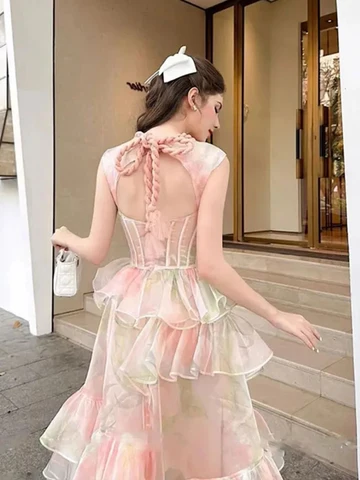 Chic Gorgeous Dresses For Womens 2023 Temperament Lace-up Ruffles Long Dress Birthday Party Princess Dress Fairy Free Shipping