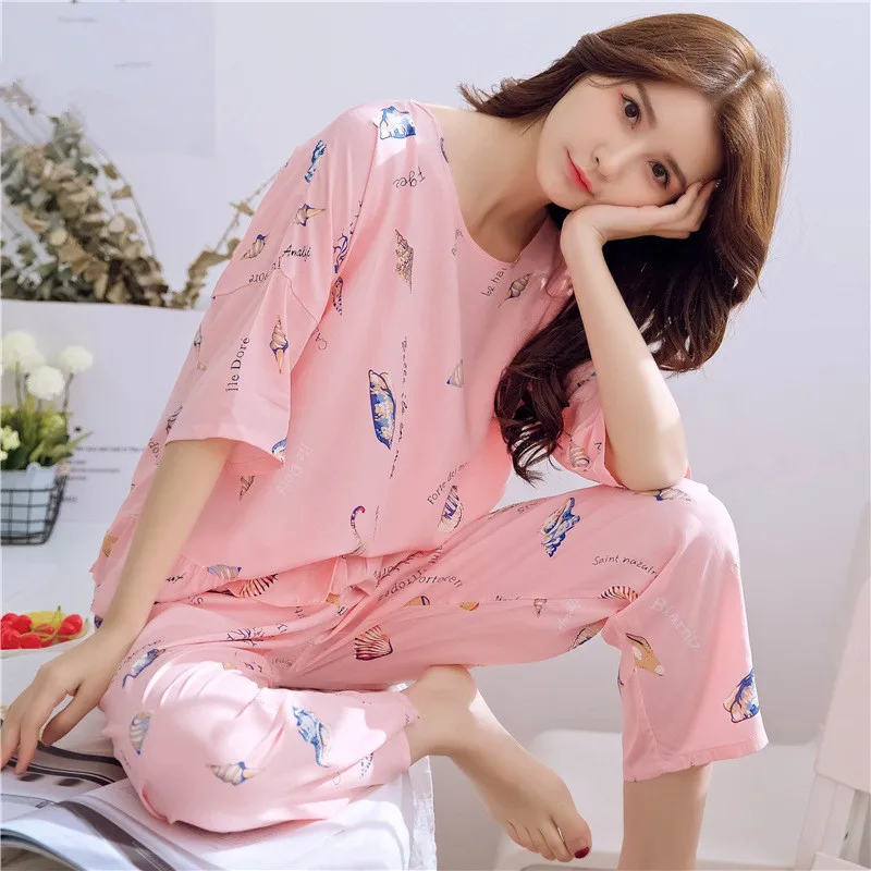 UHYTGF Pajamas Womens Print Cotton Silk Summer Two-Piece Set Sleepwear Female Thin Home Clothes Breathable Ladies Nightgown 2501