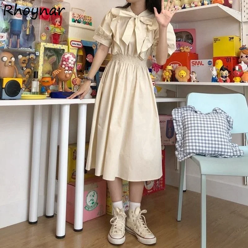 

Preppy Style Dress Women Solid Fashion Tunic Female Summer Sundress All-match Mid-calf A-line Sweet Bow Tender Short Sleeve Chic