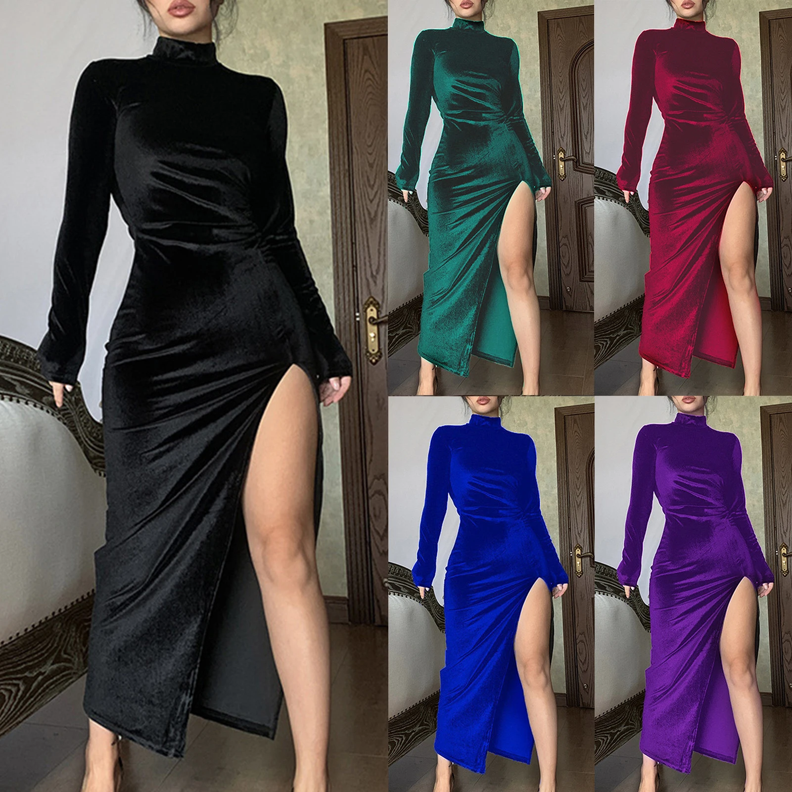 

Women Black Maxi Dress Folds Split Sexy Party Dress Autumn Elegant Velour Long Sleeve Package Hip Long Dress Vestidos De Mujer