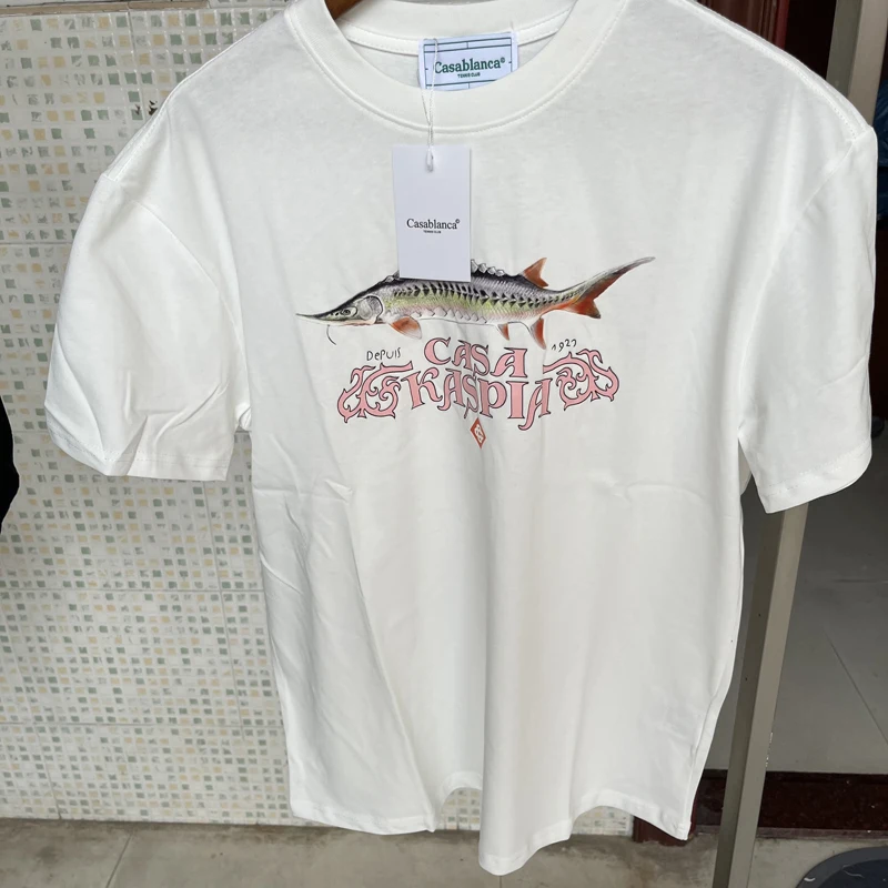 

Real Photos CASABLANCA T-shirts Fish Print Letter Logo Short Sleeve Tops Summer Cotton 3XL Tshirts for Men Women
