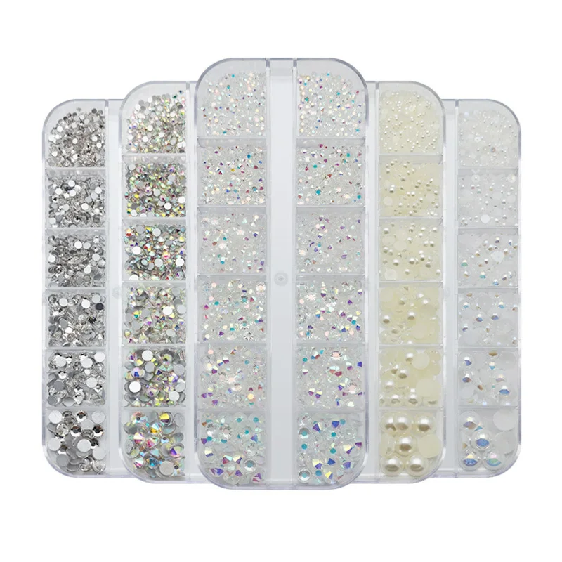12 Grids Box Combination Of Glass Crystal Nail Art Rhinestones Apply To DIY Manicure And Makeup Decoration Accessories