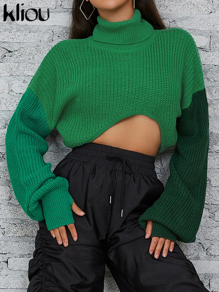 ond dzianinowy patchworkowy sweter damski Hipster z golfem luźny nieregularny kształt dopasowany kolorystycznie krótkie bluzki Lady Casual odzież