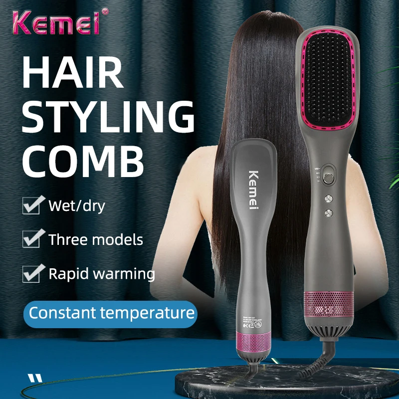 Kemei Fast Heating Comb Hair Straightening Brush Curling Iron Styler Electric Comb Straightener Multifunctional Comb EU Plug