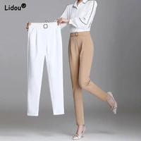 office lady elastic waist white simple elegant spring autumn full length pants female solid color slender ice silk women clothes