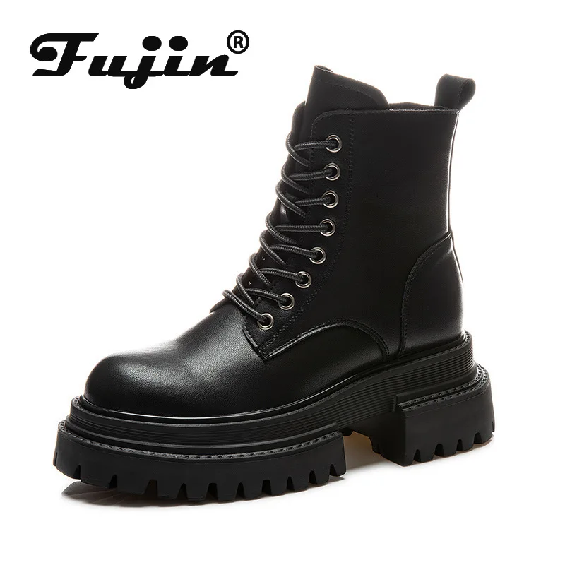

Fujin 8cm New Cow Genuine Leather Platform Autumn Winter Motorcycle Mid Calf Boots Hidden Heel Women ZIP Non Slip Lace Up Shoes