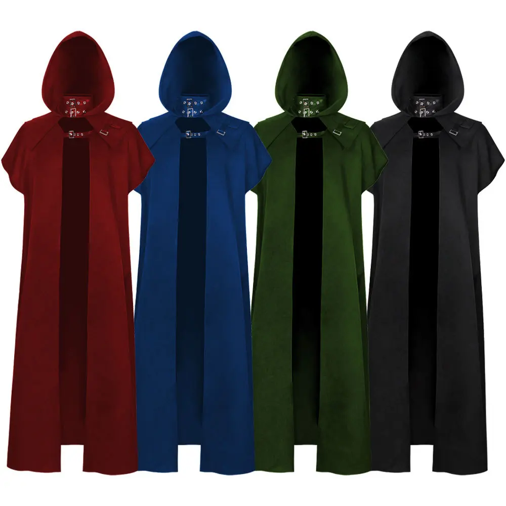 Medieval Cloak Hooded Coat Gothic Windproof Men's Trench Coat Long Cape Poncho Knight Warrior Cosplay Halloween Party Costume images - 6