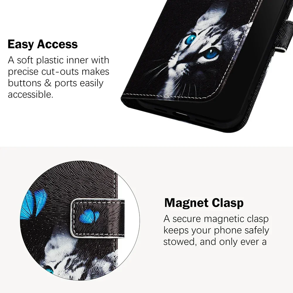 Coloured Drawing Wallet Case for iPhone SE4 SE3 SE 8 7 6 6S Plus 16 Pro Max Shockproof Stand Card Holder Strap Flip Phone Cover