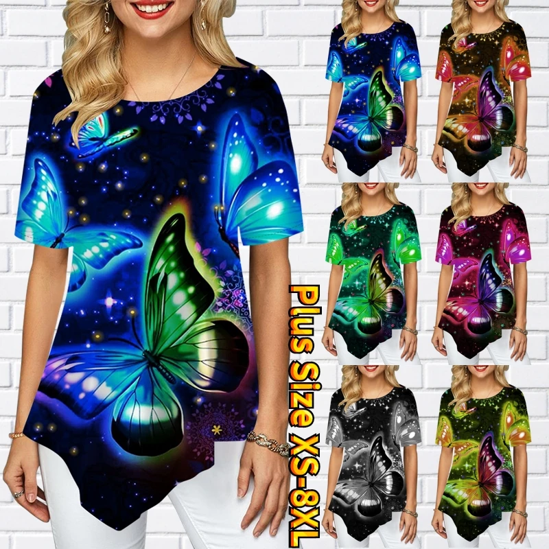 

Women's Abstract Butterfly Printing T-shirt Butterfly Sparkly Print Round Neck Basic Vintage Tops 3D Print Pullover Summer Tee
