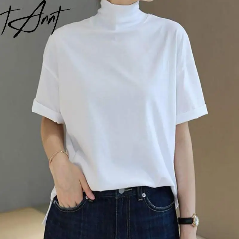 

Tannt Women T Shirt Asymmetry Turtleneck Cotton T Shirt Tops Irregular Black White Loose Casual Oversize T-shirt Tops 2023 New