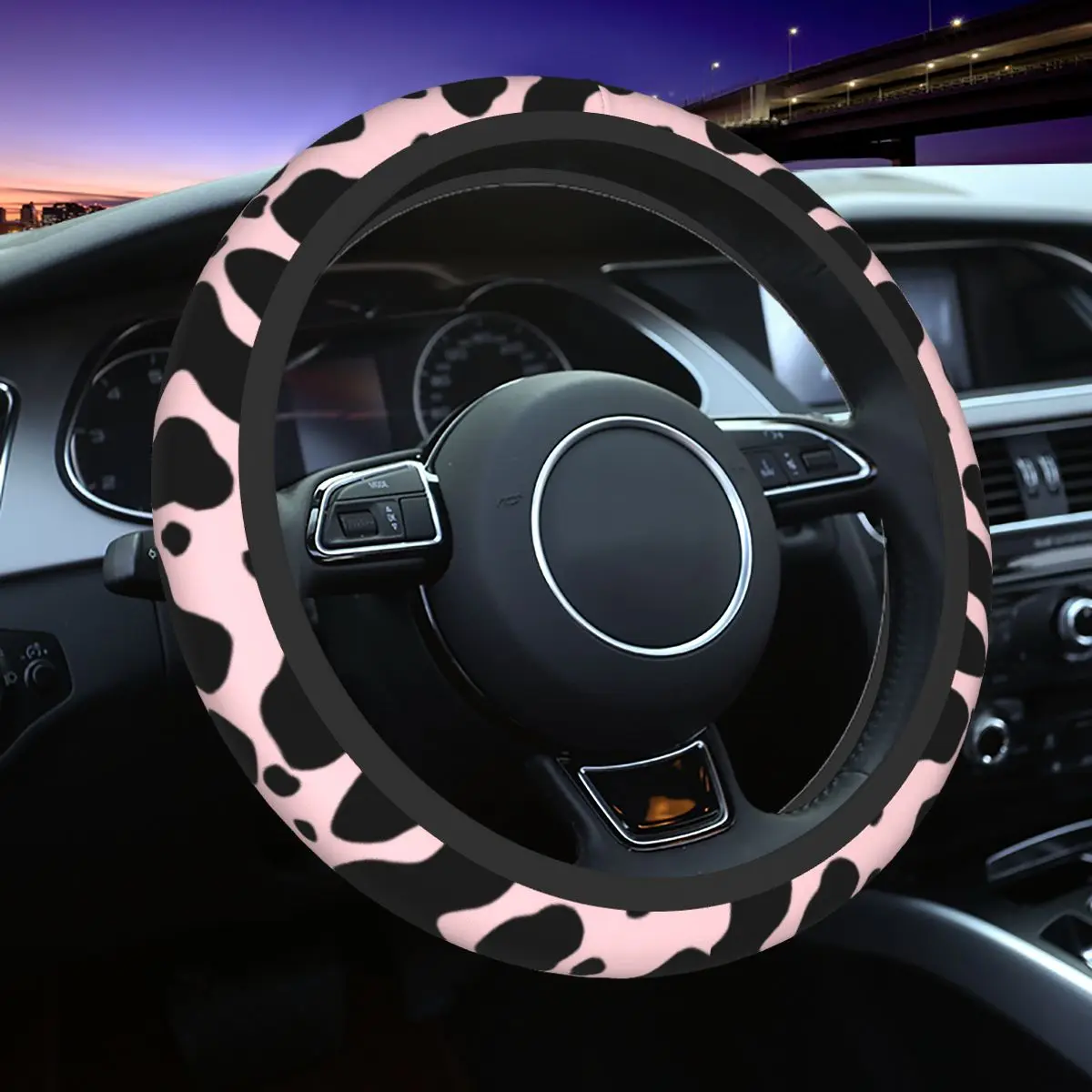 

37-38 Car Steering Wheel Covers Cow Elastic Animal Braid On The Steering Wheel Cover Auto Decoration Suitable Car Accessories