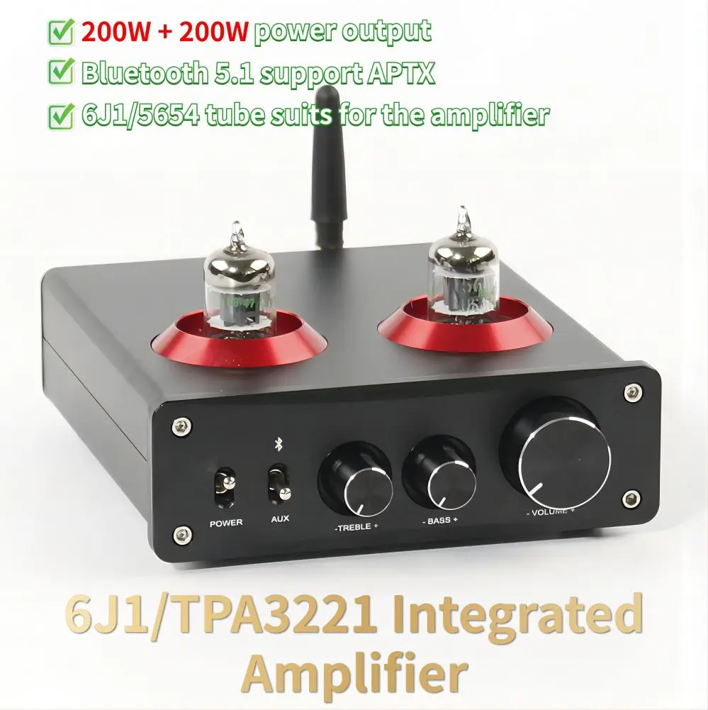 

200W + 200W TPA3221 Hifi Sound Amplifier Power Amp 6J1 Vacuum Tube Amplifier Bluetooth Treble Bass Adjustment Integrated Amplify