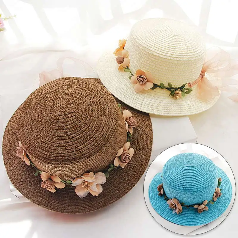 

Portable Foldable Sunscreen Straw Hats Female Summer Sun Caps Wreath Decorated Straw Hat Beach Outdoor Flat Top Hat Accessories