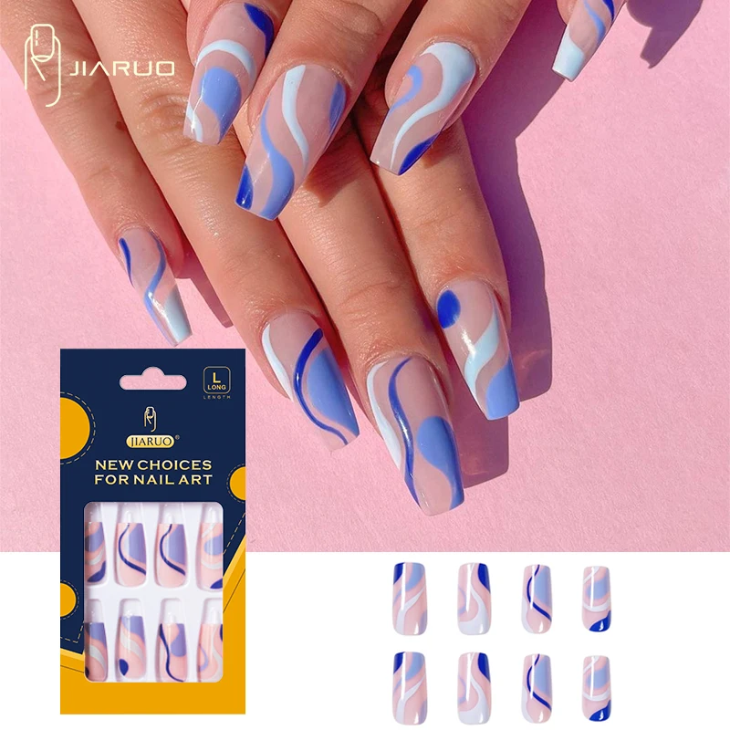 

JIARUO 24PCS/BOX Short Press on Coffin Fake Nails Y2k Simple Wave Series Colorblock Nail Art Gentle Blue and Pink Nail Stickers