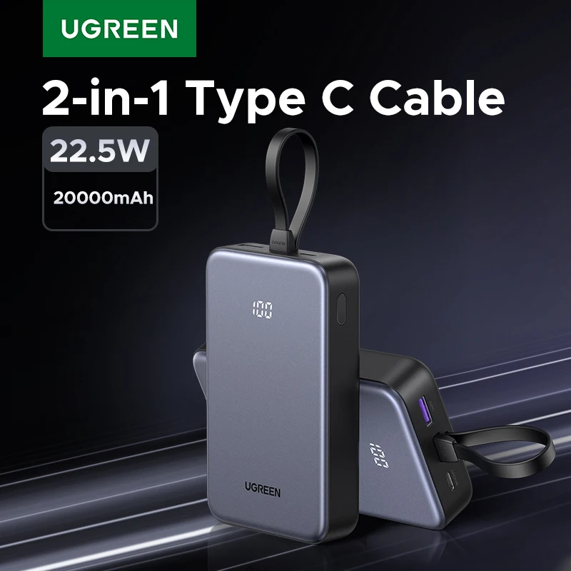 Фото UGREEN 22,5 Вт 20000 мАч Power Bank Тип C Кабель Быстрая зарядка Портативный PowerBank для iPhone 16 Pro Max PD20W Внешний аккумулятор телефона №1