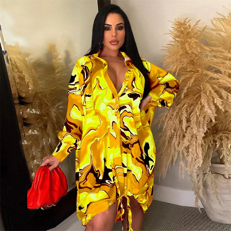 Женское свободное платье-рубашка с длинным рукавом отложным воротником