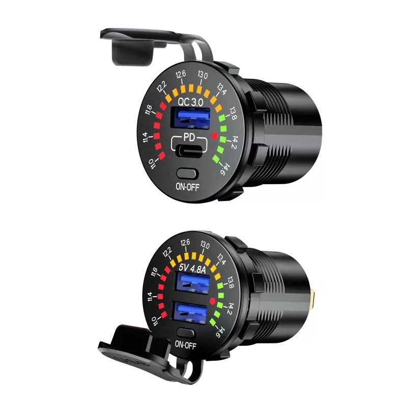

12V Quick Charge 3.0 USB SUV Car Charger Waterproof 18W Type C PD Outlet Fast Charger with LED Voltmeter ON OFF Power Switch