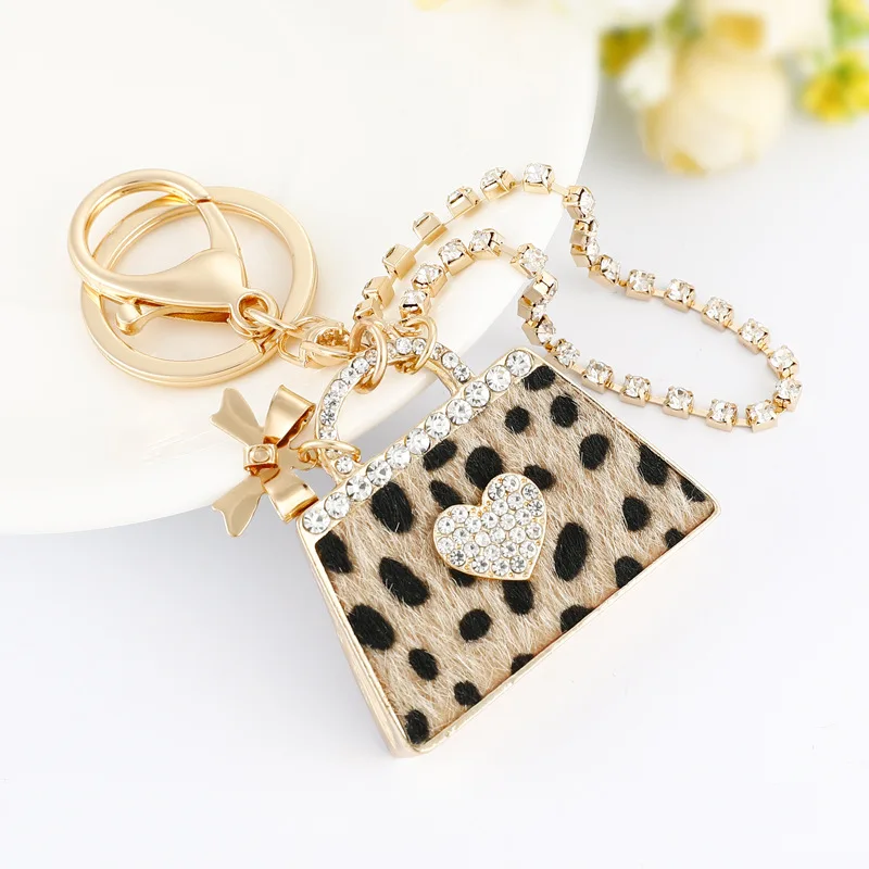 

New Leopard Handbag Heart Rhinestones Keychain Jewelry Bag Pendant Decoration Handmade Pendant Keychain Keychain