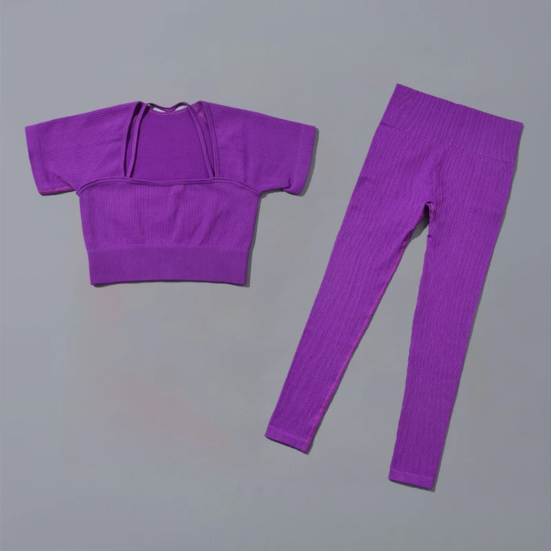 Fitness Ribbed Sports Yoga Set Women Seamless Sportswear High Waist Tracksuit Workout Two Set Pieces Crop Tops Leggings Gym Suit