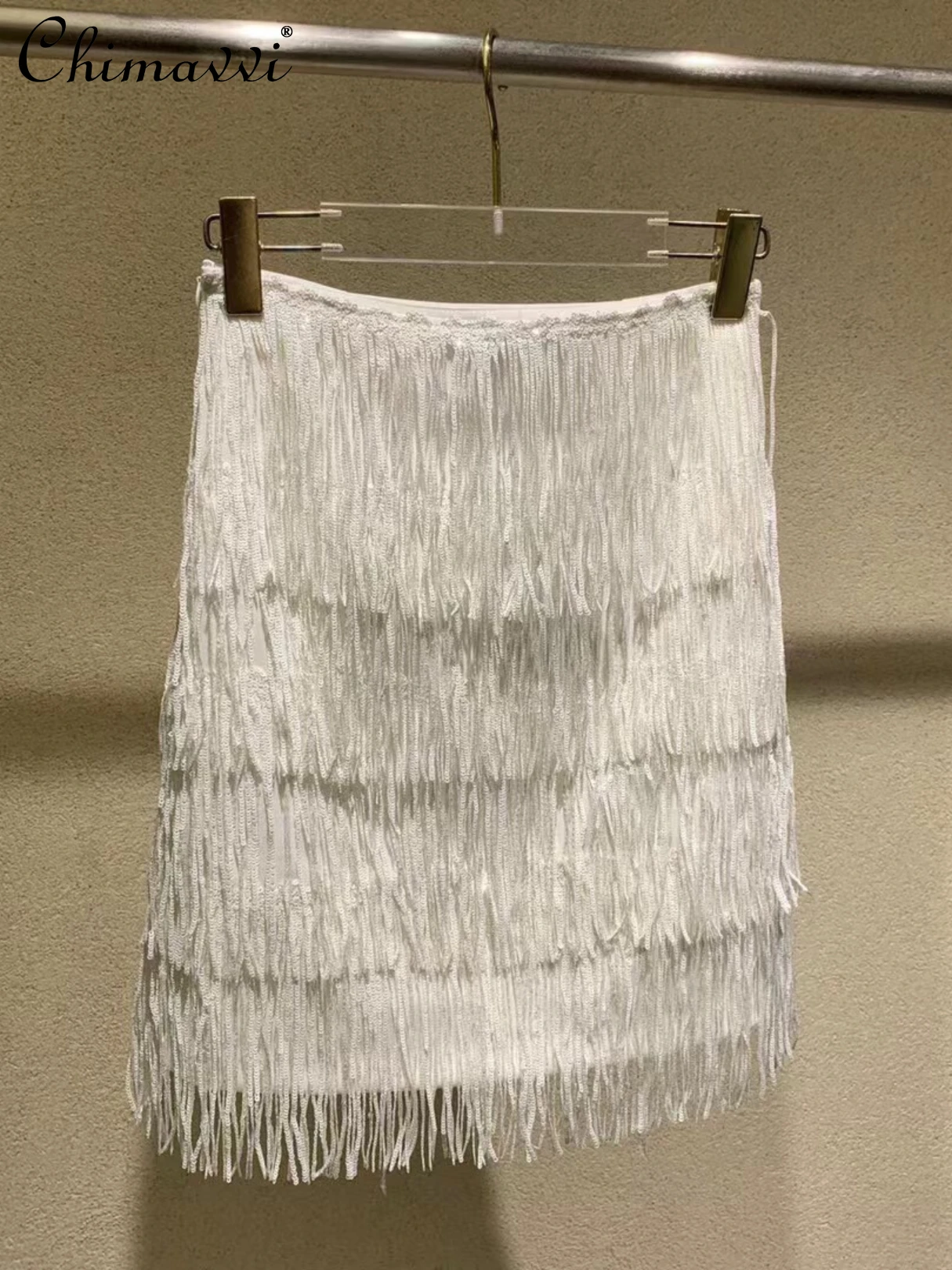 

European Simple A- Line High Waist Slimming Above Knee Skirt Women's 2022 Summer New Fashion Elegant Sequin Tassel Short Skirt