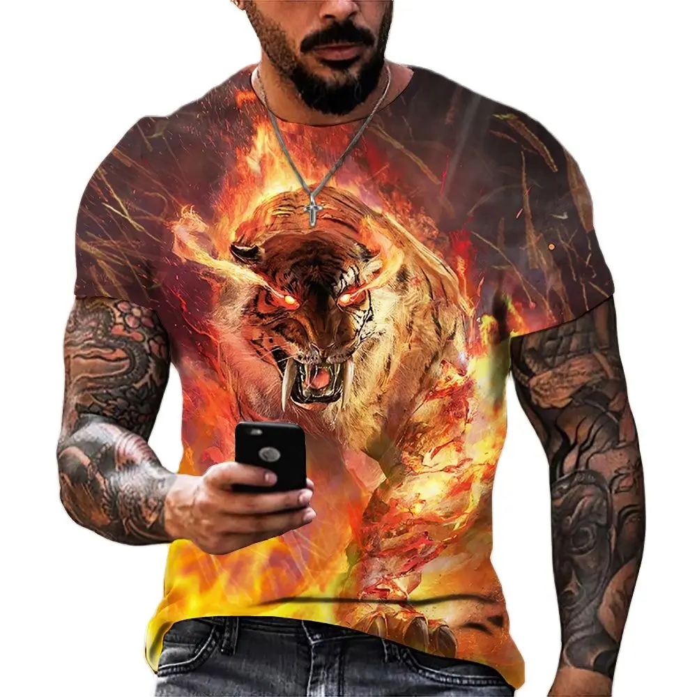 

3D Tiger Printing T Shirt For Men Fashion Funny Animal Graphic T-Shirts Leisure O-neck Oversized Short Sleeve Street Trend Tops