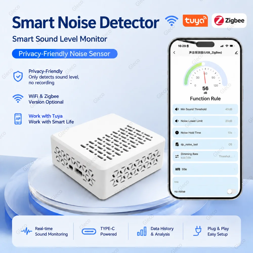 Фото Датчик уровня шума TUYA Zigbee/WIFI, измеритель децибел, тестер шума, детектор шума для умного дома, дистанционное управление Smart Life. №1