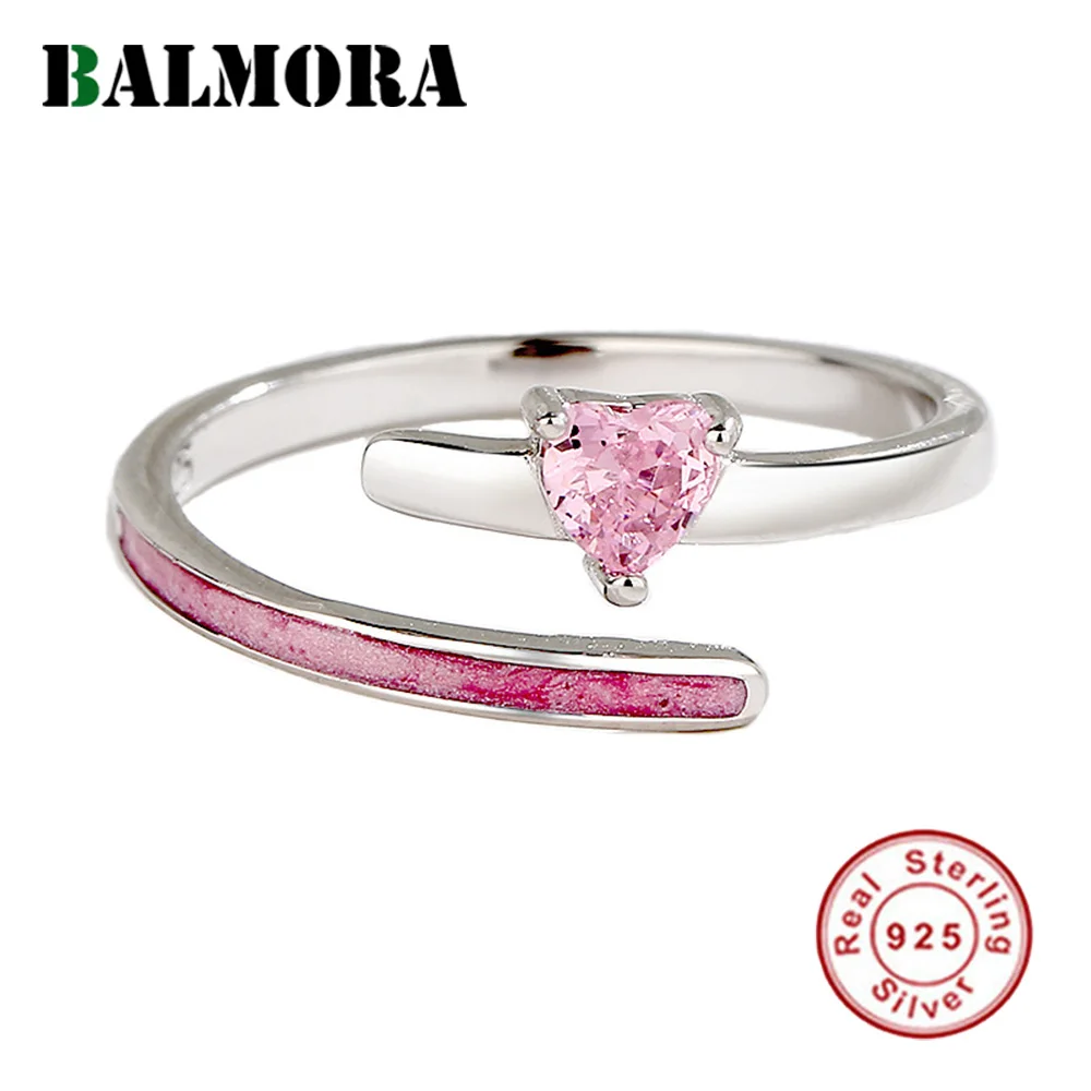 

BALMORA S925 Silver Vintage Simple Cute Sweet Pink Love Heart Zircon Open Rings For Women Wedding Statement Anillos Jewelry Gift