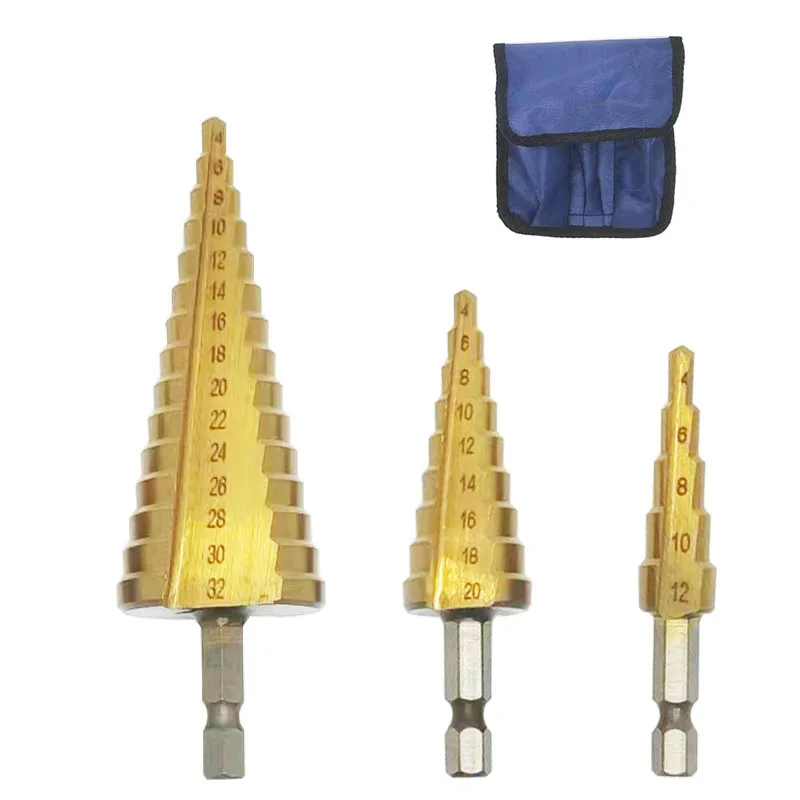 

4-12/20/32mm Pagoda Step Hexagonal shank straight groove Titanium Drilling Power Tools Metal Wood Hole Cutter Cone Drill