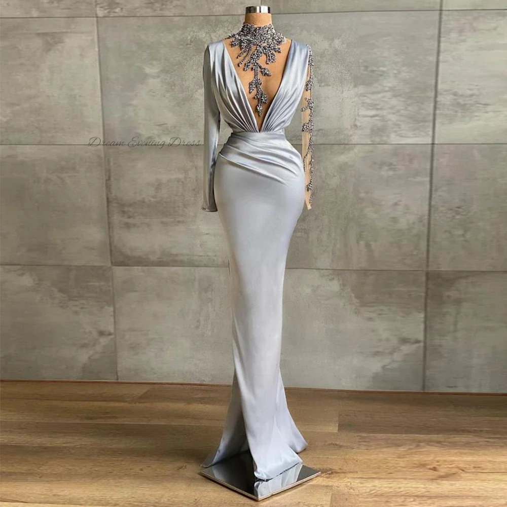 

Luxury Dubai Grey White Long Sleeve Satin Evening Dresses Mermaid V-Neck Lace Applique Beaded Side Split Prom Dresses For Women