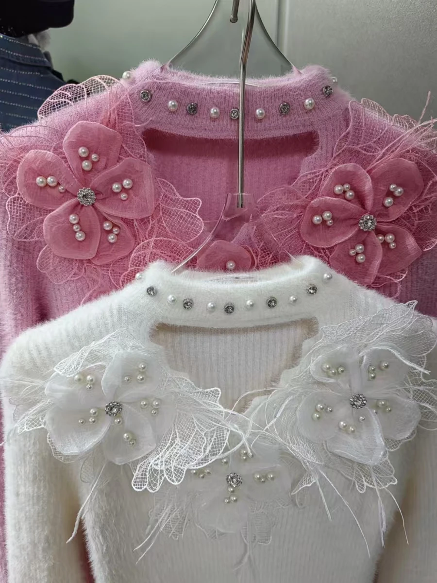 Новый осенне-зимний тренд тонкий вязаный пуловер из меха норки женские розовые