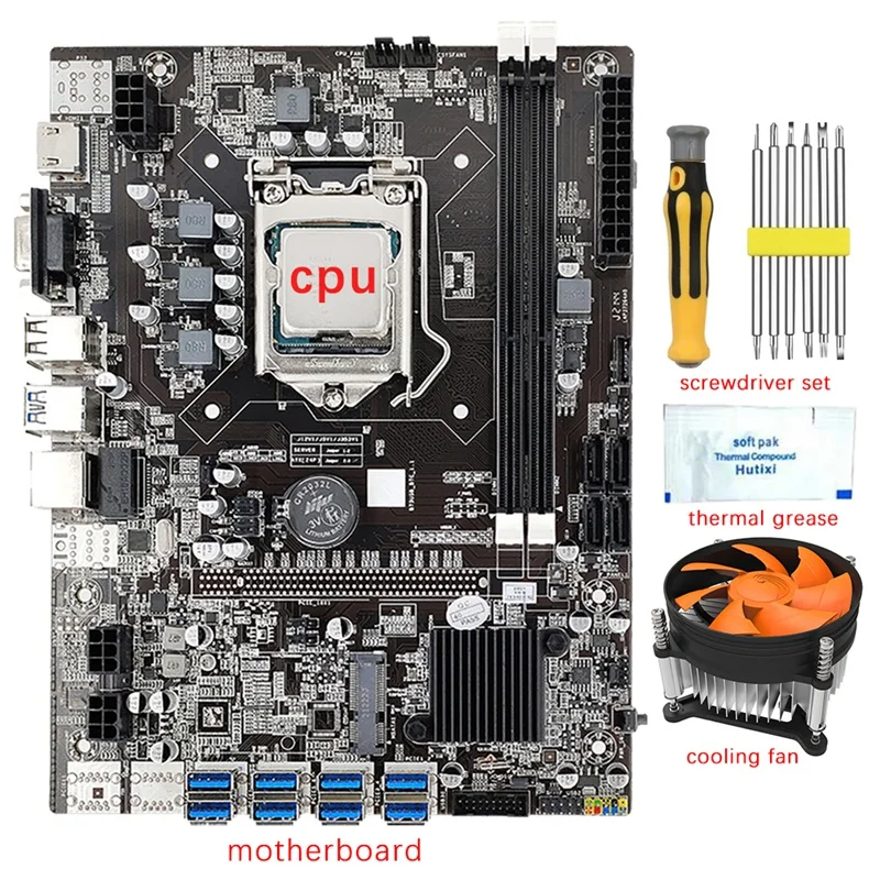 B75 8 GPU BTC Mining Motherboard+CPU+Fan+Screwdriver Kit+Thermal Grease 8 USB3.0 To PCIE1X Slot LGA1155 DDR3 SATA3.0 Set