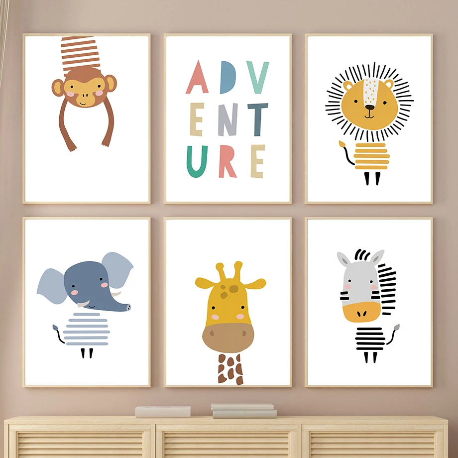 

Number Alphabet Lion Monkey Elephant Giraffe Nordic Posters And Prints Wall Art Canvas Painting Wall Pictures Kids Room Decor