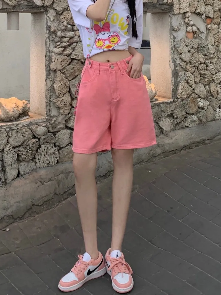 GUUZYUVIZ Summer Straight Tube Loose Wide Leg Denim Shorts Women High Waist Slim Casual Capris Candy Color