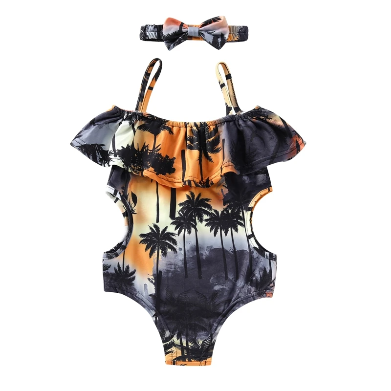 

2-7Y Toddler Baby Swimsuit Coconut Tree Print Off Shoulder Sweet Romper Summer Cute Beachwear Swimwear + Headband