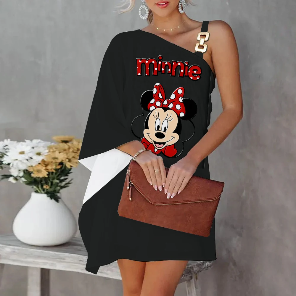 Mini Dress Summer Dresses Woman 2022 Offer Diagonal Collar One-Shoulder Mickey Disney Minnie Mouse Sexy Dress for Women Elegant