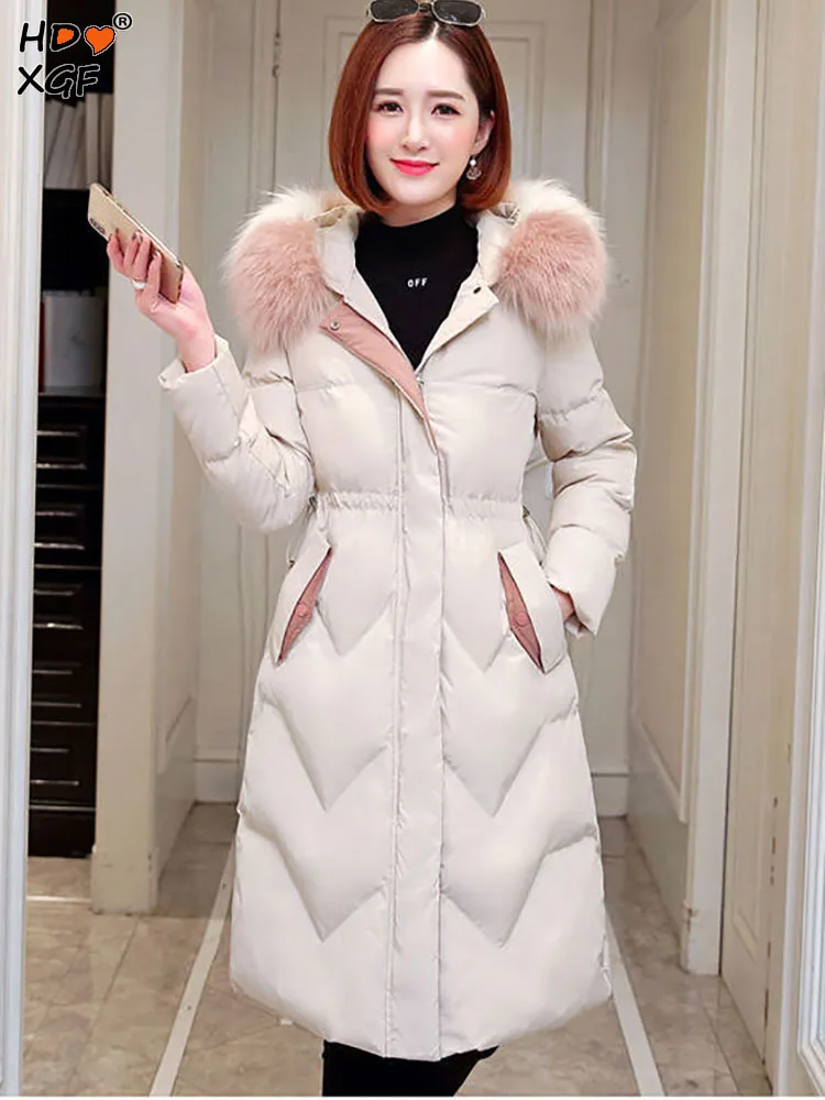 

Simple Drawstring Waist Retraction Solid Color Long Puffer Jacket Women Winter Hooded Zipper Slim Outerwear Casual Designer Coat
